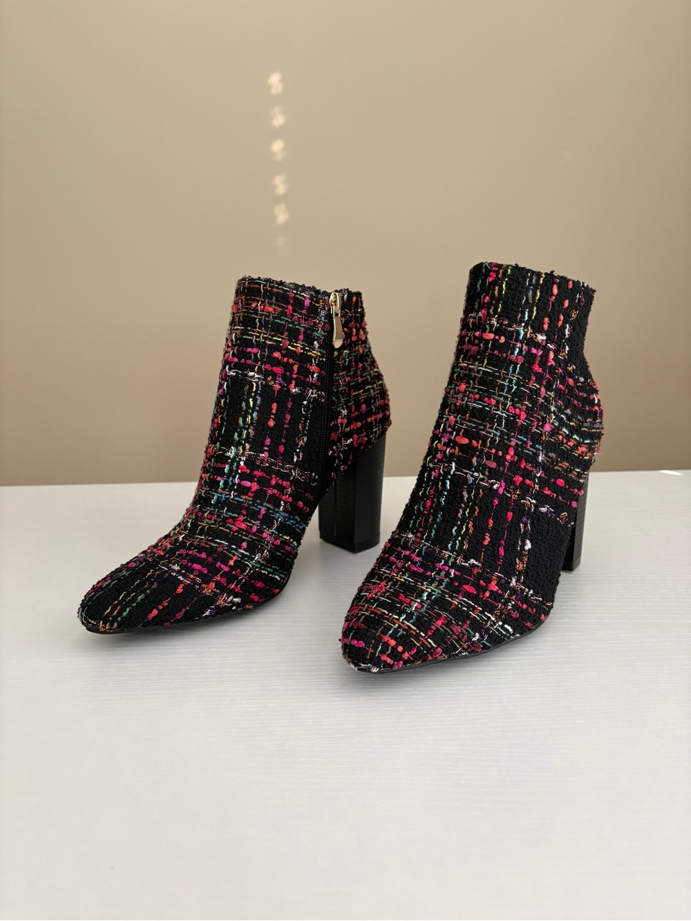 Lulu's Black Multicolor Tweed Ankle Booties - NWOT